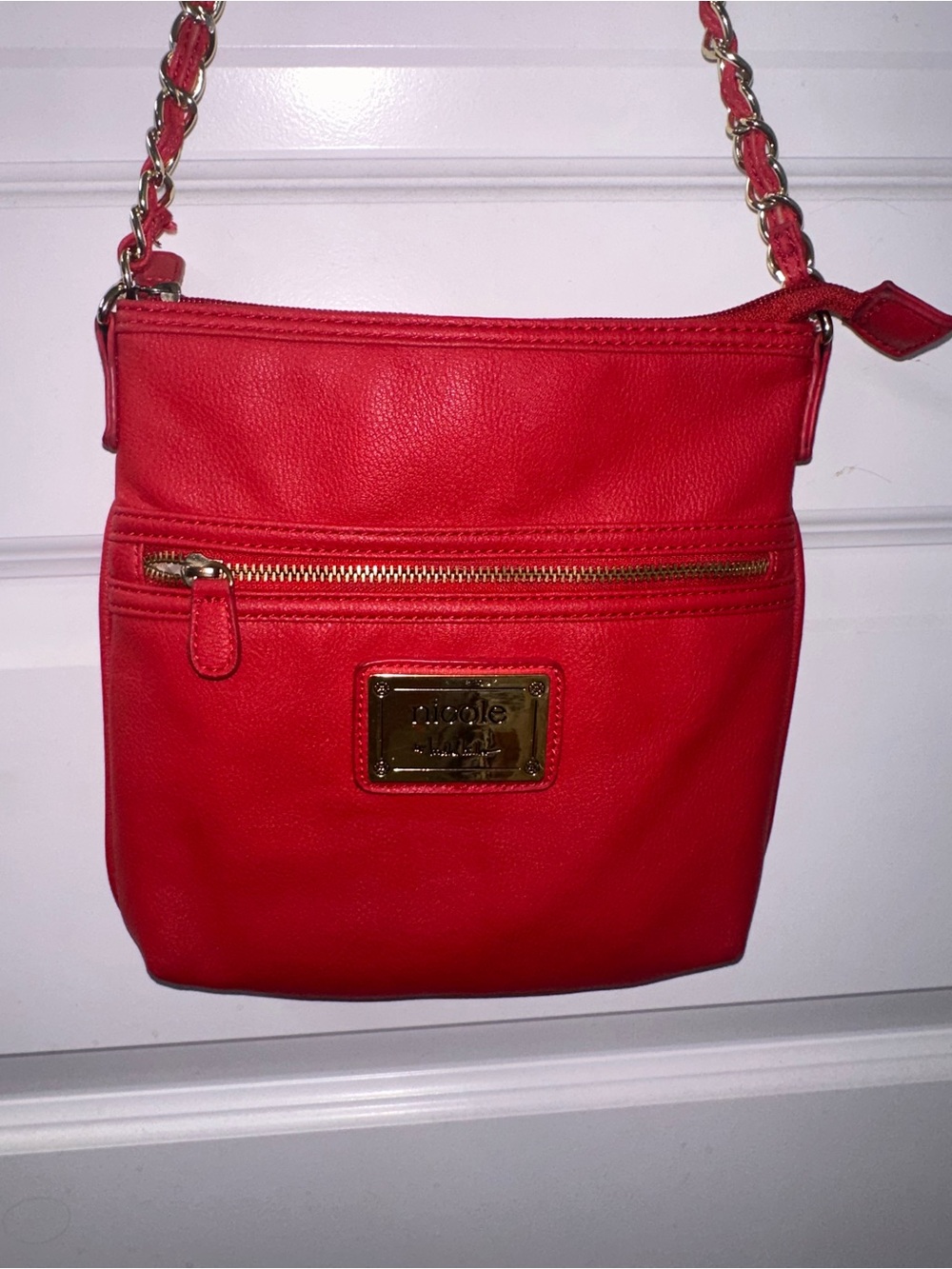 Nicole Red Leather Crossbody with Gold-Tone Plate